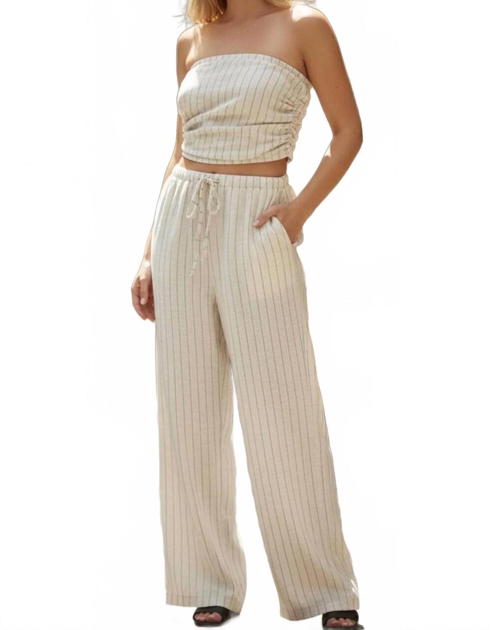 NEW WASABI + MINT linen stripe tube smocked top in pinstripe